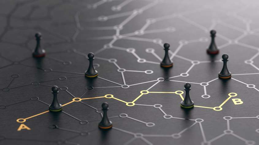 an image showing innovation development journey from A to B as a strategic process on a chess board