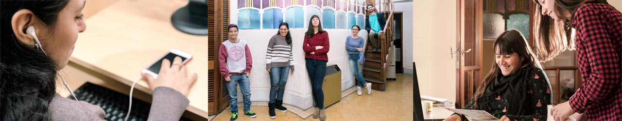 Three photos of patrons using the Tiflonexos digital library in Argentina